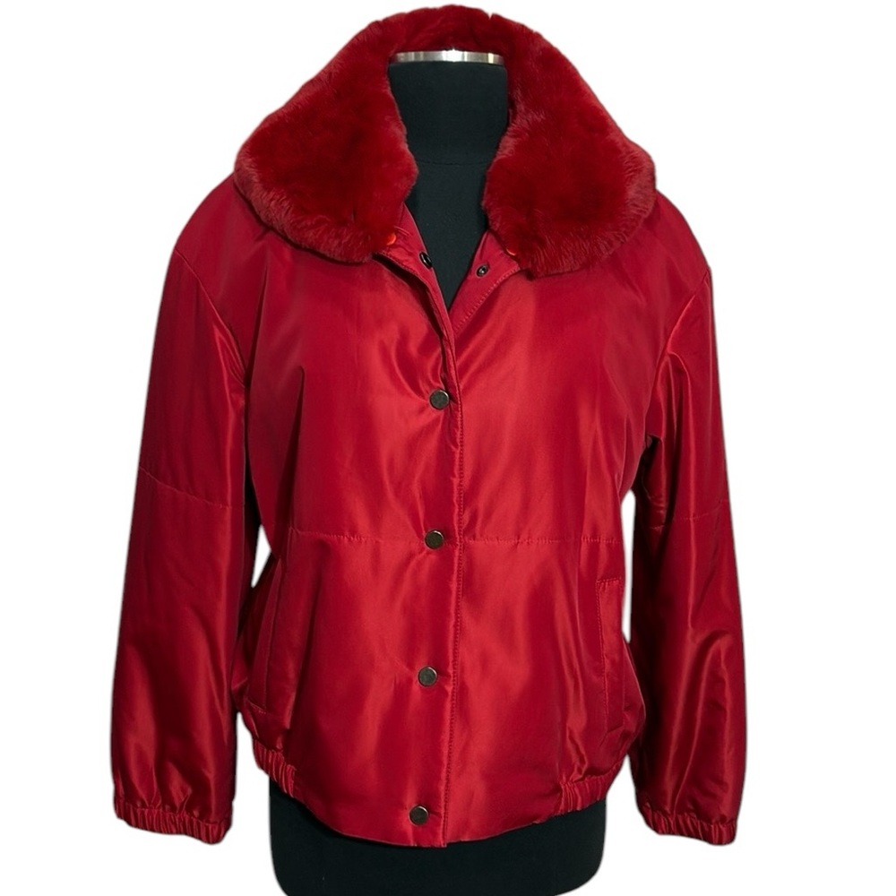 Jessica Wilde Red Satin Bomber Jacket Red Rabbit Fur Collar and Lining Removable